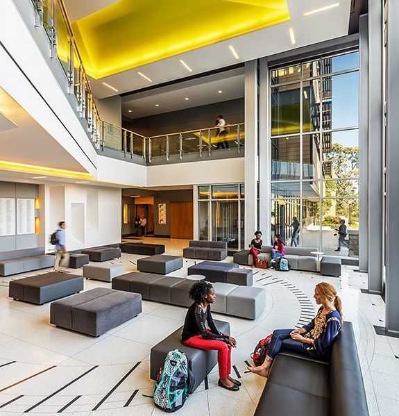Students in the atrium lobby at Johnson Center, North Park University, Chicago