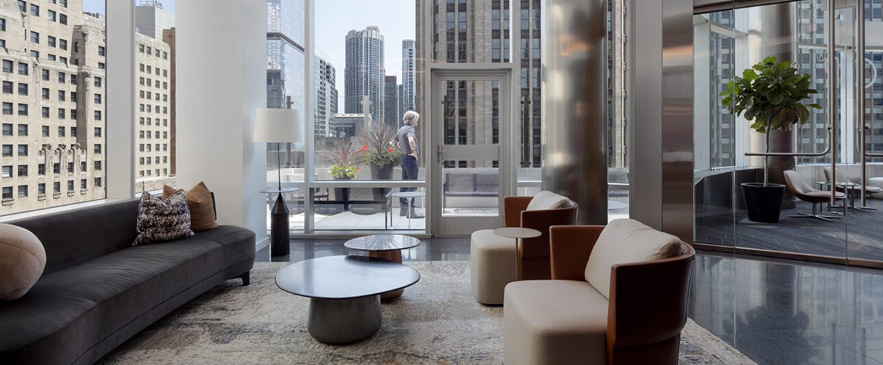 Reception area, sky suite, Chicago Realtor Building, daytime.