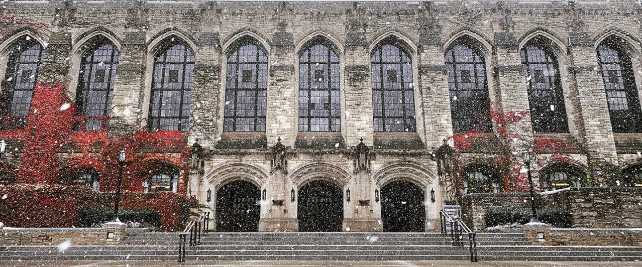 Northwestern University gothic building exterior in winter.